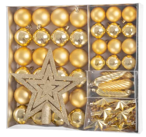MagicHome karácsonyi gömbök, készlet, 50 db, 4-5 cm, arany, csillag, füzér, toboz, karácsonyfára