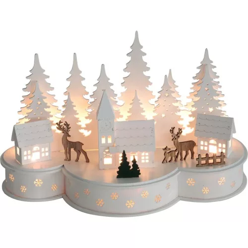 MagicHome karácsonyi dekoráció, falu szarvasokkal, 10 melegfehér LED, MDF, 30 x 14 x 19,5 cm