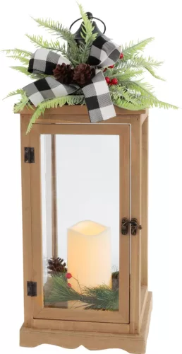 Karácsonyi lámpa, MagicHome Vianoce, fenyőággal és masnival, 20 x 20,5 x 51 cm, 1 db LED melegfehér fény, elemes (3xAAA), lánghatású, időzítő (6/18 óra), beltéri (IP20)