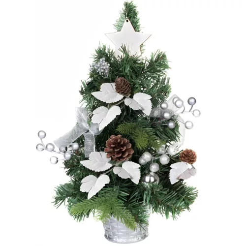 MagicHome műfenyő, díszített, ezüst, levelekkel, 40 cm