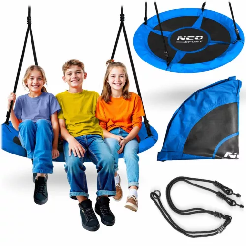 Fészekhinta, Neo-Sport Swingo, fekete/kék, átmérő: 115 cm, vízálló, állítható kötélmagasság: 137-179 cm, acél váz, párnázott, Oxford 600D poliészter, teherbírás: 150 kg, kerek