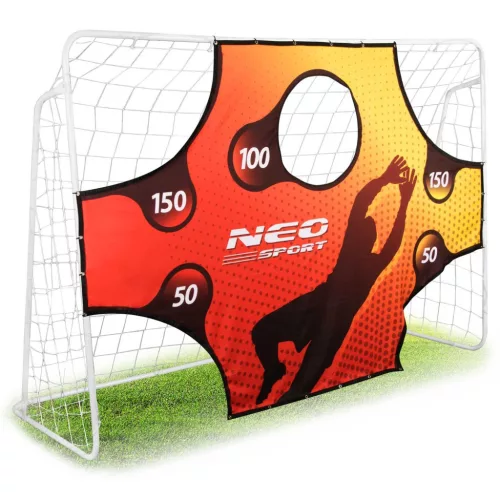 Futballkapu, Neo-Sport, 245 x 155 x 80 cm, PE háló, fém váz, időjárásálló, célzó ponyvával, rögzítővel, szerszám nélkül szerelhető