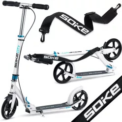   Klasszikus roller, SOKE City, fehér, összecsukható, 20 cm 88A PU kerekek, ABEC-9 csapágy, kézi és lábfék, állítható magasság, maximum 100 kg
