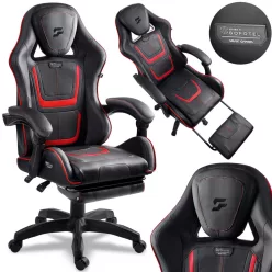   Gamer szék, Sofotel Specter, fekete/piros, 42-52 cm ülésmagasság, gumírozott kerekek, lábtartós, dönthető, fejpárnával, 120 kg teherbírás