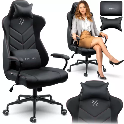 Irodai szék, Sofotel Verona, fekete, 41–48 cm ülésmagasság, hintafunkció, gázliftes magasságállítás, műbőr kárpit, gumírozott kerekek, fém talp, deréktámasz és fejpárna, 120 kg teherbírás