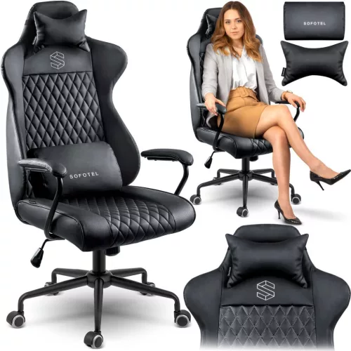 Irodai szék, Sofotel Verona, fekete, 41–48 cm ülésmagasság, hintafunkció, gázliftes magasságállítás, műbőr kárpit, gumírozott kerekek, fém talp, deréktámasz és fejpárna, 120 kg teherbírás