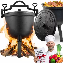   Bogrács szett, Berdsen BD-482, fekete, 8 l, öntöttvas, magasság: 46 cm, háromlábbal, fedél szellőzőnyílással