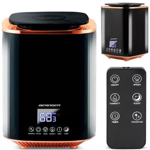 Párásító, Berdsen BD-502, fekete/rézszínű, 2600 ml tartály, ultrahangos, ionizátorral, aromaterápiás, hidegpárás, higrosztát, automatikus kikapcsolás, időzítő 1-9 h, 250 ml/h