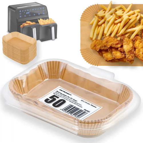 Sütőpapír Air Fryer forrólevegős sütőhöz, Berdsen, 22 × 14 cm, 50 db, natúr barna, hőálló kivitel, tapadásmentes, téglalap alakú
