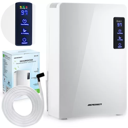 Páramentesítő, Berdsen BR-22A, fehér, 2200 ml tartály, 700 ml/nap, UV-C lámpa és TiO2 szűrő, Peltier-technológia, ultracsendes 34 dB, érintőpanel, időzítő, 90 W