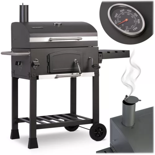 Faszenes grill, Berdsen BD-891, fekete, acél, 122 x 109,5 x 48 cm, kétrészes öntöttvas rács: 57 x 43 cm, kerekek