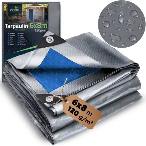 Takaróponyva, Plonos PL-500, 6 x 8 m, 120 g/m2, ezüst-kék, HDPE, vízálló, UV-álló, fagyálló, acél ringlik, erősített szegély, kétoldalas