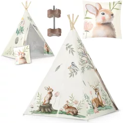   Gyereksátor, Nukido Tipi, Nyuszis minta, 114 × 114 × 165 cm, bézs, stabilizátorral, nyuszis párnával, fenyőfa rudak, könnyen összeszerelhető