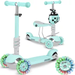   Háromkerekű roller, Ricokids Buggy, mentazöld, 3 az 1-ben, LED világítás a kerekekben, állítható magasságú kormány és ülés, balanszos irányítás, EN 71, max. 30 kg
