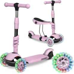   Háromkerekű roller, Ricokids Cubi, rózsaszín, 3 az 1-ben, LED világítás a kerekben, állítható magasságú kormány és ülés, balanszos irányítás, csúszásgátló fellépő, EN 71, max. 30 kg