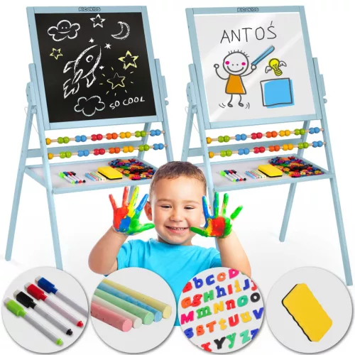 Mágneses rajztábla, Ricokids, kék, 101 x 54 x 55 cm, kétoldalas (mágneses és krétás tábla), forgatható, fa, számolókerettel, kiegészítőkkel