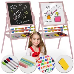   Mágneses rajztábla, Ricokids, rózsaszín, 101 x 54 x 55 cm, kétoldalas (mágneses és krétás tábla), forgatható, fa, számolókerettel, kiegészítőkkel