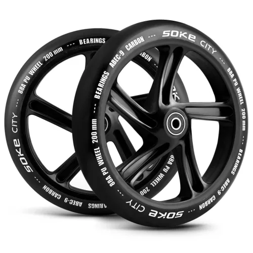 Roller kerék szett, SOKE, fekete, 20 cm, 2 db, ABEC-9 csapágy, 88A keménységű PU, klasszikus rollerekhez