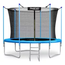   Kerti trambulin, Neo-Sport, fekete/kék, átmérő: 312 cm, kerek, magasság: 65 cm, 180 cm belső védőháló, létra, acél váz, 3 dupla láb, 150 kg teherbírás, 54 db rugó, kék oszlopok