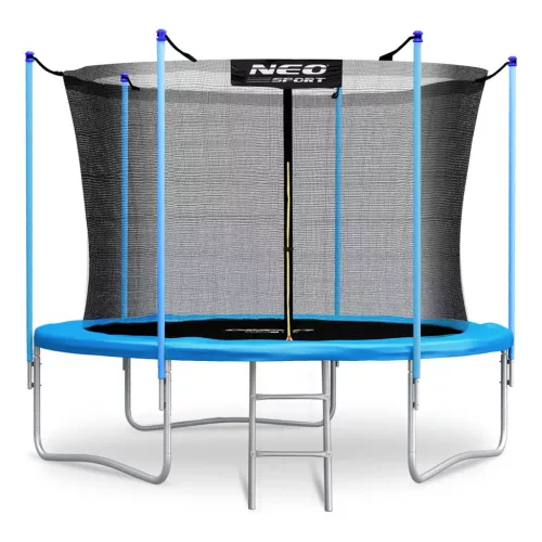 Kerti trambulin, Neo-Sport, fekete/kék, átmérő: 312 cm, kerek, magasság: 65 cm, 180 cm belső védőháló, létra, acél váz, 3 dupla láb, 150 kg teherbírás, 54 db rugó, kék oszlopok