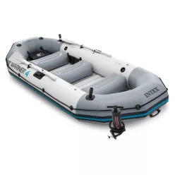   Felfújható tengeri gumicsónak szett, Intex Mariner 4, 328 x 145 x 48 cm, szürke, négyszemélyes, megerősített háromrétegű PVC, merev műanyag padlóval, felfújható ülésekkel, horgászbot-tartókkal, pumpával és evezőkkel (68376)
