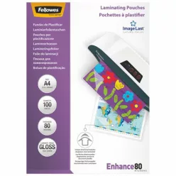   Lamináló fólia, A4, 80 mikron, fényes, 100 db/doboz, Fellowes®
