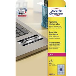   Etikett címke, 45,7 x21,2mm, ipari poliészter, 48 címke/ív, 20 ív/doboz, Avery ezüst