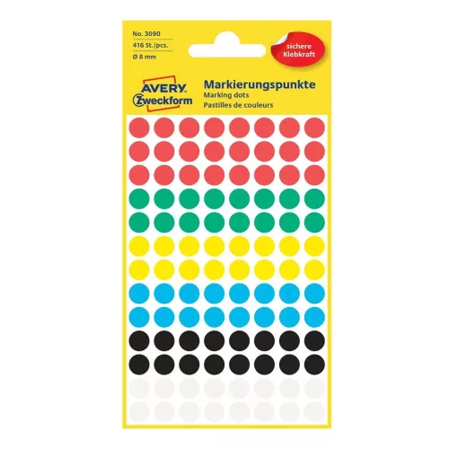 Etikett címke, o8mm, jelölésre, 6 klf. szín 104 címke/ív, 4 ív/doboz, Avery vegyes
