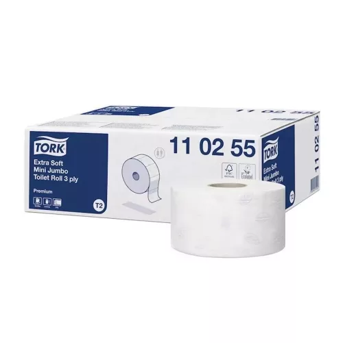 TOALETTPAPíR 3 RéTEGű KöZüLETI áTMéRő: 18,7 CM 600 LAP/120 M/TEK 12 TEK/KARTON EXTRA SOFT MINI JUMBO TORK_110255 FEHéR
