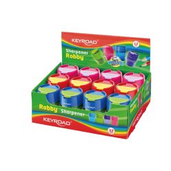  Hegyező 2 lyukú tartályos, fedeles, fém belsővel 12 db/display Keyroad Robby vegyes színek