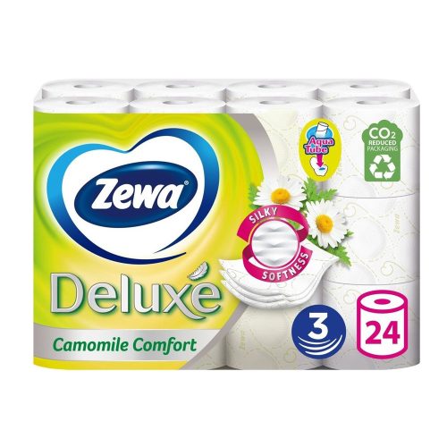 Toalettpapír 3 rétegű kistekercses 100% cellulóz 150 lap/tekercs 24 tekercs/csomag Deluxe Zewa Camomile Comfort hófehér