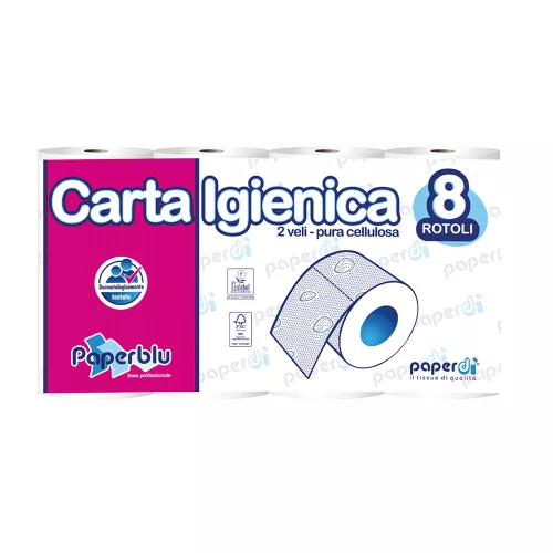 Toalettpapír 2 rétegű kistekercses 100%cellulóz 150 lap/15,75 m/tekercs 8 tekercs/csomag Paperblu Carta Igienica Paperdi