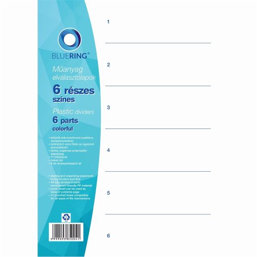 Elválasztólap, színes műanyag 6 részes Bluering®