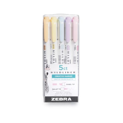 Szövegkiemelő készlet, 1,4/4 mm, kétvégű, Zebra Mildliner Highlighter Gentle, 5 különböző szín