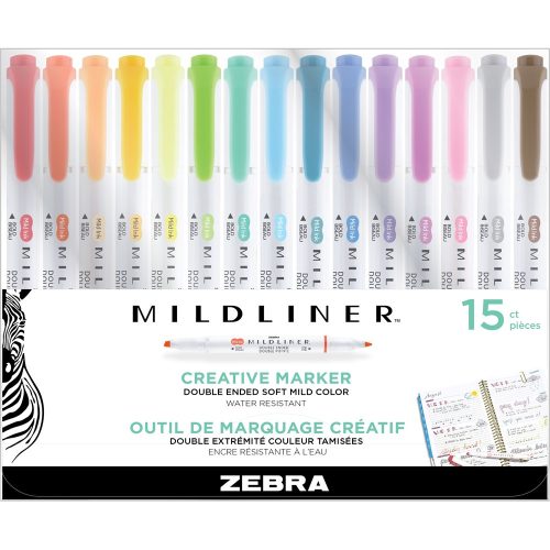 Szövegkiemelő készlet, 1,4/4 mm, kétvégű, Zebra Mildliner Highlighter, 15 különböző szín