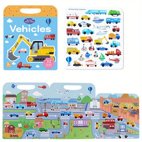 Újrahasználható matricáskönyv, mosható matricák, karácsonyi ajándék felnőtteknek, húsvéti ajándék - tél, újév Járművek