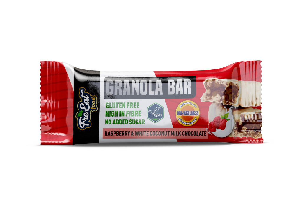 Dia-Wellness - FreEat Food Málnás Granola Bar kókusztejes fehér csokoládéval mártva 50g