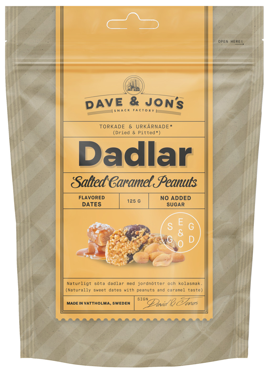 Dave & Jon's dates salted caramel peanut mag nélküli ízesített datolya sós karamell ízben, hozzáadott cukor nélkül 125 g